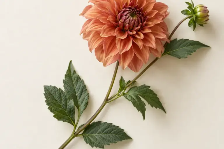 Terrakottafarbene Dahlie mit gezähnten Blättern auf cremefarbenem Papier.