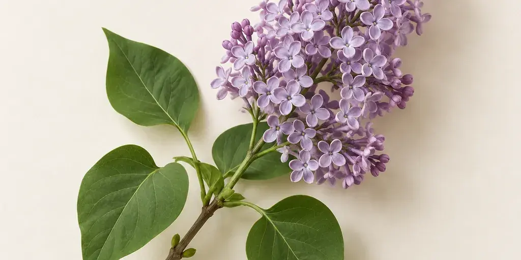 Fliederzweig mit hellvioletten Blüten und herzförmigen Blättern auf cremefarbenem Papier.