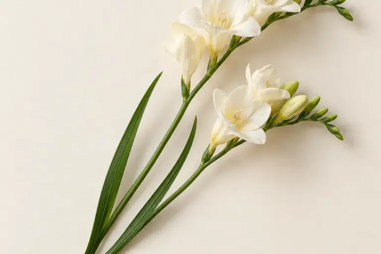 Weiße Freesien mit Knospen und schmalen Blättern auf cremefarbenem Papier.
