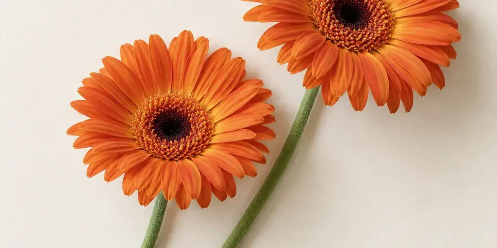 Zwei orangefarbene Gerbera auf cremefarbenem Papier.