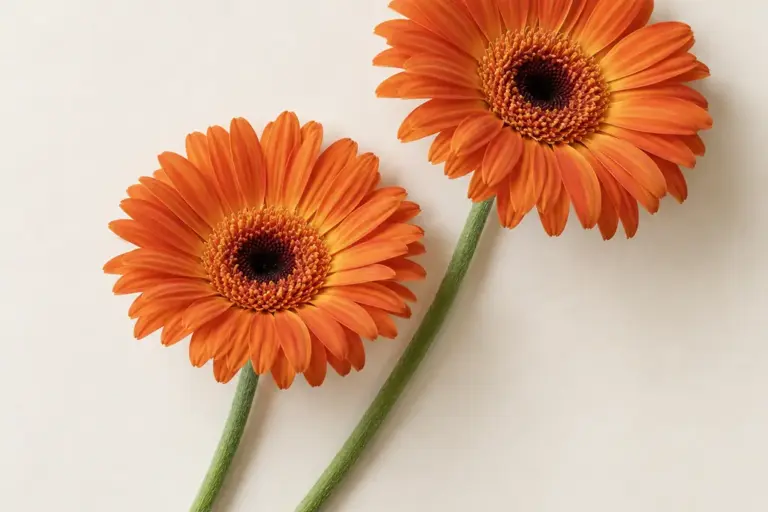 Zwei orangefarbene Gerbera auf cremefarbenem Papier.