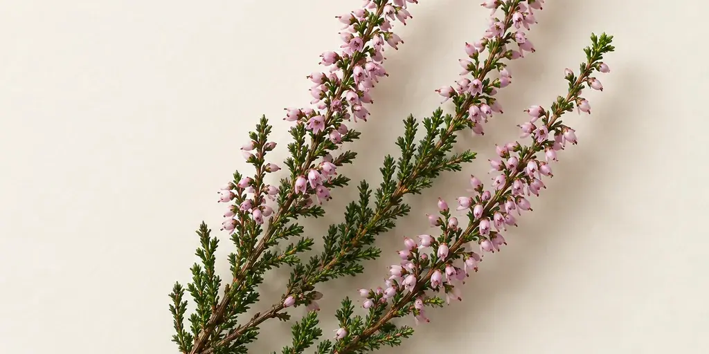 Zwei Heidekrautzweige mit kleinen rosa Blüten auf cremefarbenem Papier.