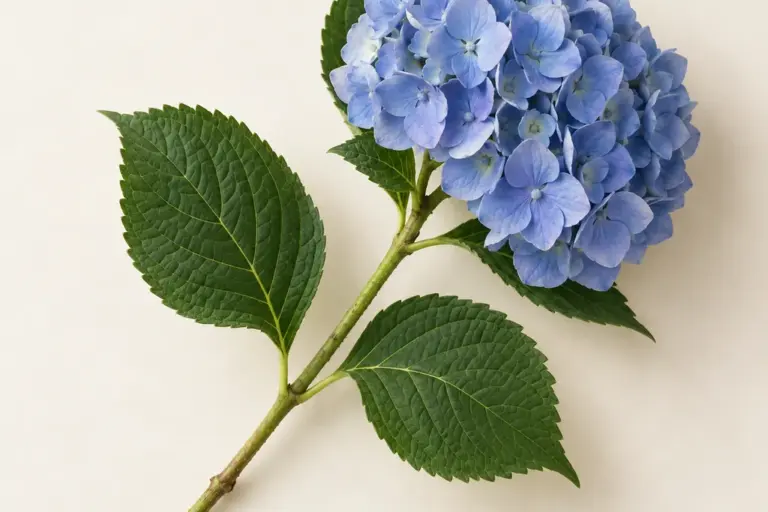 Blaue Hortensienblüte mit breiten Blättern auf cremefarbenem Papier.