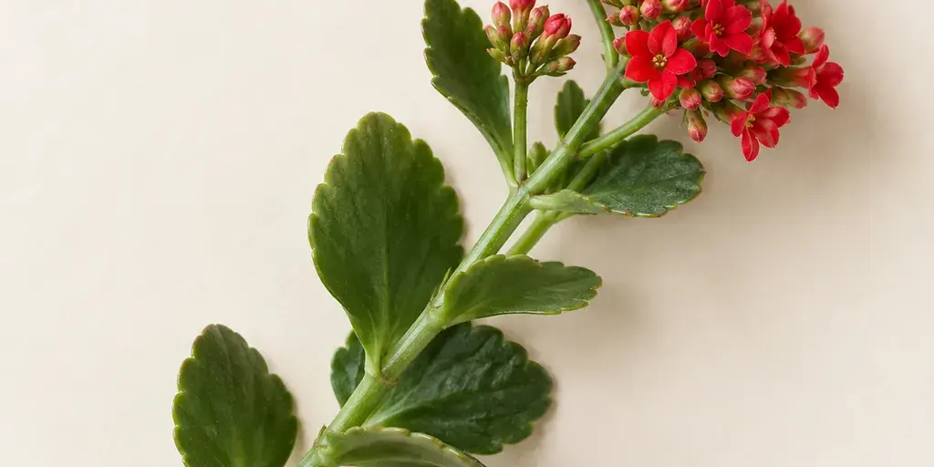 Rote Kalanchoe-Blüten mit dickfleischigen Blättern auf cremefarbenem Papier.