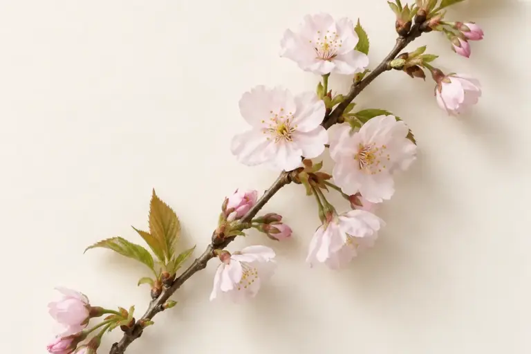Kirschzweig mit zartrosa Blüten und Knospen auf cremefarbenem Papier.