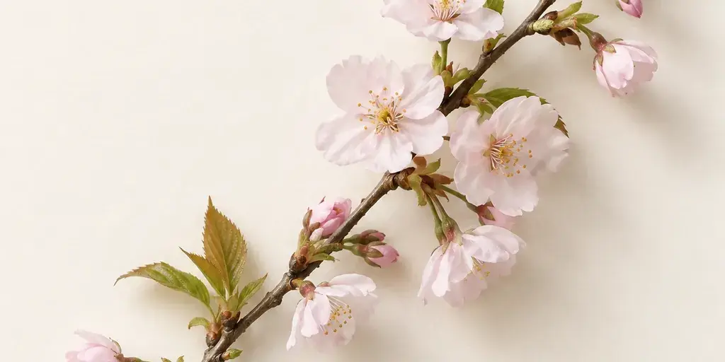 Kirschzweig mit zartrosa Blüten und Knospen auf cremefarbenem Papier.