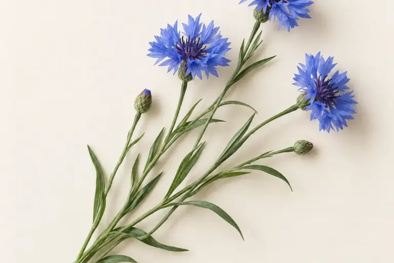 Drei blaue Kornblumen mit schmalen Blättern auf cremefarbenem Papier.