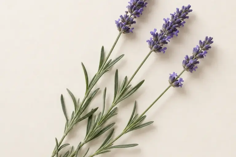 Drei Lavendelstängel mit violetten Blütenähren auf cremefarbenem Papier.
