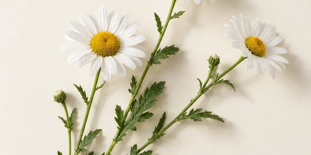 Drei weiße Margeriten mit gelber Mitte auf cremefarbenem Papier.