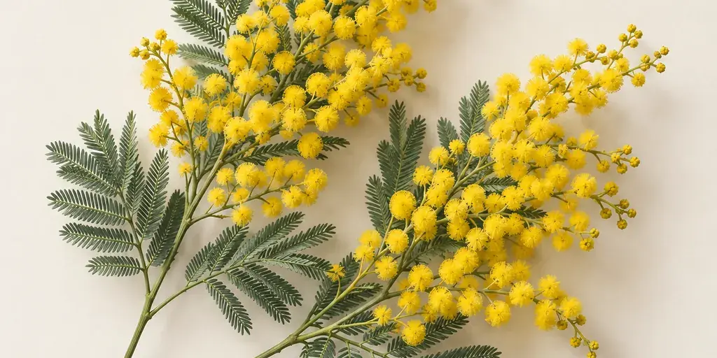 Gelbe Mimosenblüten mit fein gefiederten Blättern auf cremefarbenem Papier.