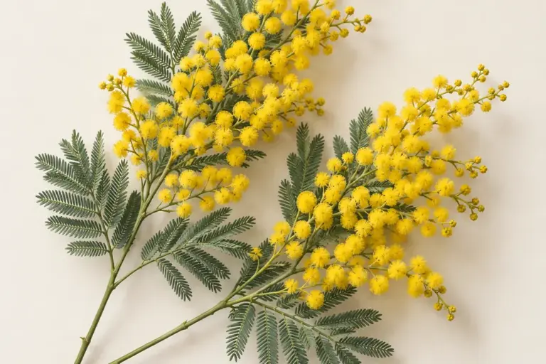 Gelbe Mimosenblüten mit fein gefiederten Blättern auf cremefarbenem Papier.