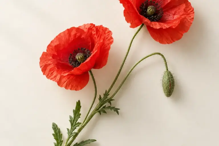 Rote Mohnblüten mit einer hängenden Knospe auf cremefarbenem Papier.