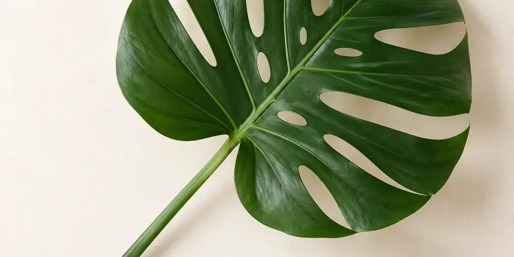 Grünes Monstera-Blatt mit natürlichen Einschnitten und Öffnungen auf cremefarbenem Papier.