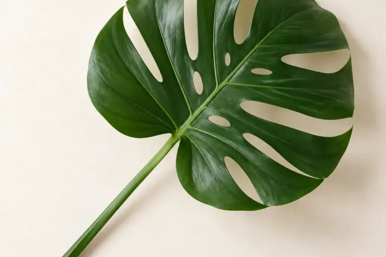 Grünes Monstera-Blatt mit natürlichen Einschnitten und Öffnungen auf cremefarbenem Papier.
