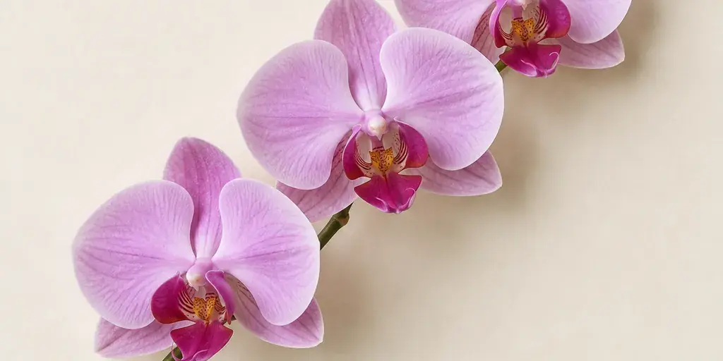 Blütenzweig einer fliederfarbenen Orchidee mit zartrosa Blütenlippen auf cremefarbenem Papier.