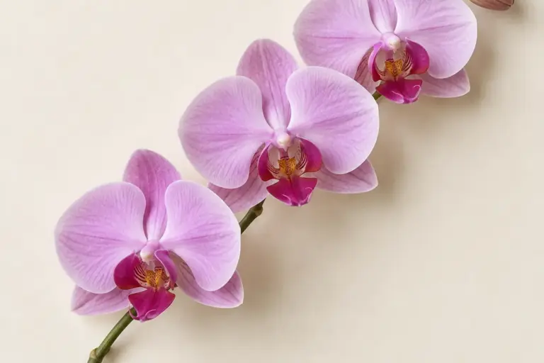 Blütenzweig einer fliederfarbenen Orchidee mit zartrosa Blütenlippen auf cremefarbenem Papier.