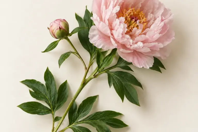 Rosa Pfingstrose mit Knospe und gelappten Blättern auf cremefarbenem Papier.