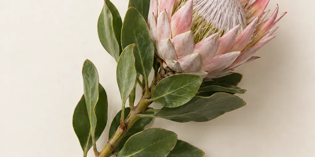 Rosa Protea mit breiten grünen Blättern auf cremefarbenem Papier.