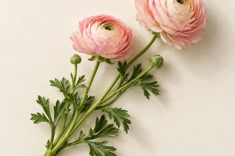Zwei rosa Ranunkeln mit dicht geschichteten Blütenblättern auf cremefarbenem Papier.