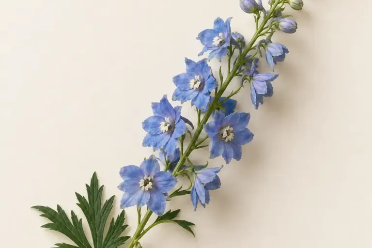 Blauer Rittersporn mit Knospen und geteiltem Blatt auf cremefarbenem Papier.