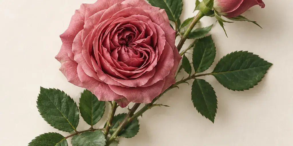 Zwei altrosa Rosen mit Knospe und gezähnten Blättern auf cremefarbenem Papier.