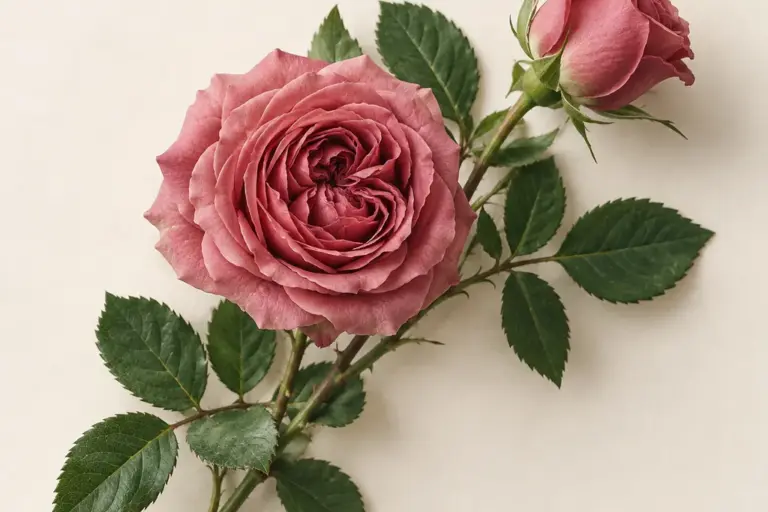 Zwei altrosa Rosen mit Knospe und gezähnten Blättern auf cremefarbenem Papier.