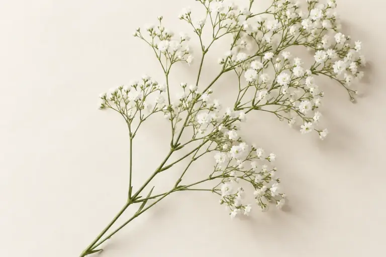 Feiner Schleierkrautzweig mit kleinen weißen Blüten auf cremefarbenem Papier.