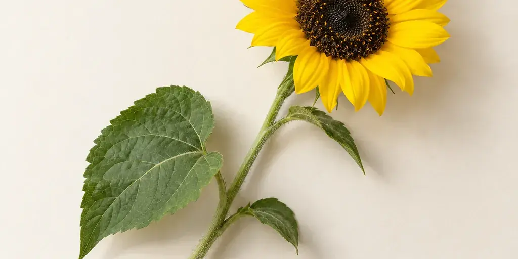 Sonnenblume mit dunkler Mitte und herzförmigem Blatt auf cremefarbenem Papier.