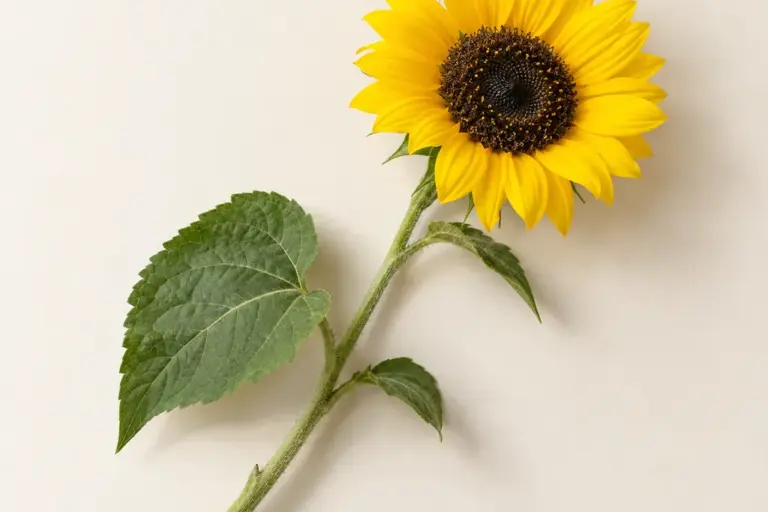 Sonnenblume mit dunkler Mitte und herzförmigem Blatt auf cremefarbenem Papier.