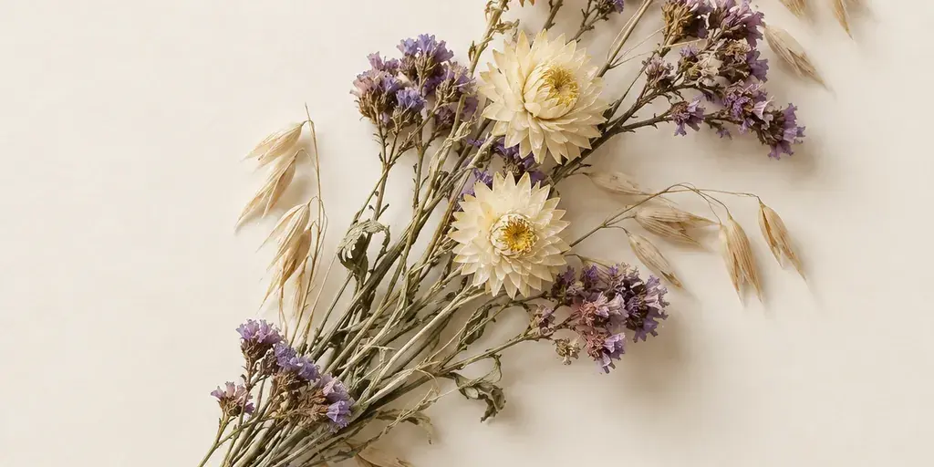 Getrocknete Strohblumen, Strandflieder und Haferhalme auf cremefarbenem Papier.