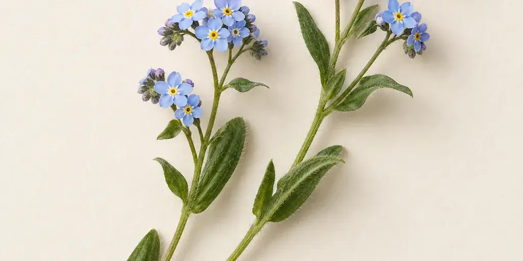 Hellblaue Vergissmeinnicht mit gelben Blütenmitten auf cremefarbenem Papier.