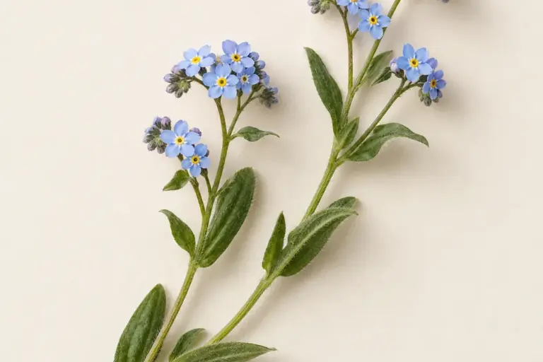 Hellblaue Vergissmeinnicht mit gelben Blütenmitten auf cremefarbenem Papier.