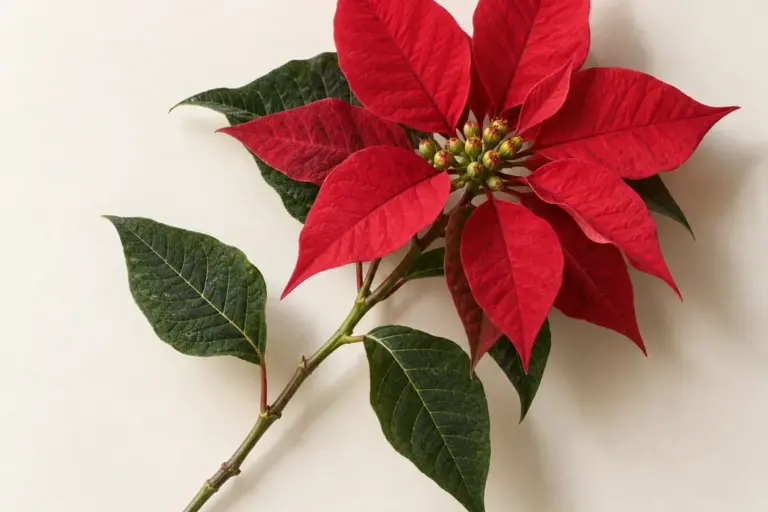 Roter Weihnachtssternzweig mit kleinen gelbgrünen Blüten und dunklen Blättern auf cremefarbenem Papier.