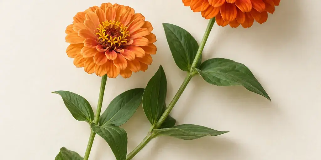 Zwei orangefarbene Zinnien mit grünen Blättern auf cremefarbenem Papier.