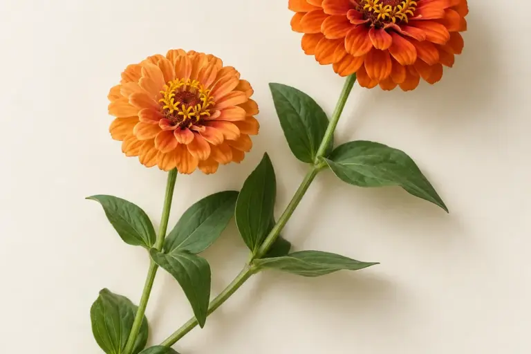 Zwei orangefarbene Zinnien mit grünen Blättern auf cremefarbenem Papier.